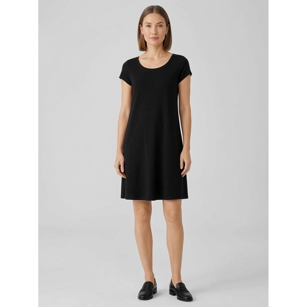 Eileen Fisher Black Organic Cotton Spandex Short Sleeve A-Line Dress Small S/P